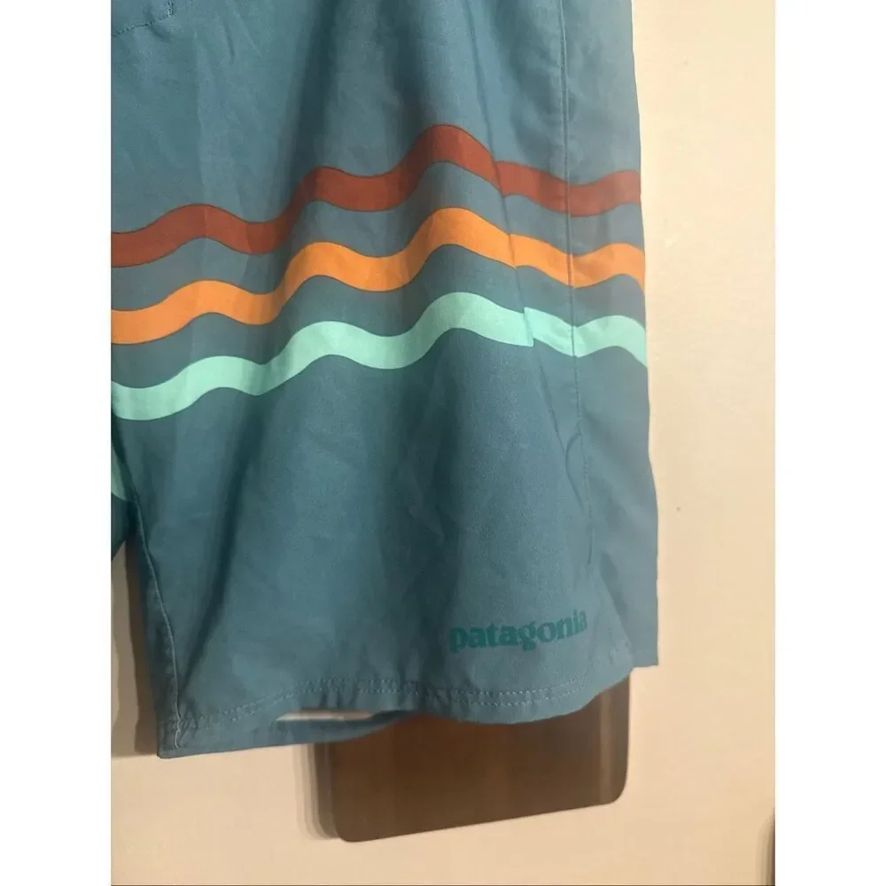 Patagonia Tazmanian Teal‎ Wavy Striped Planing Board Shorts Swim Trunks Size 30